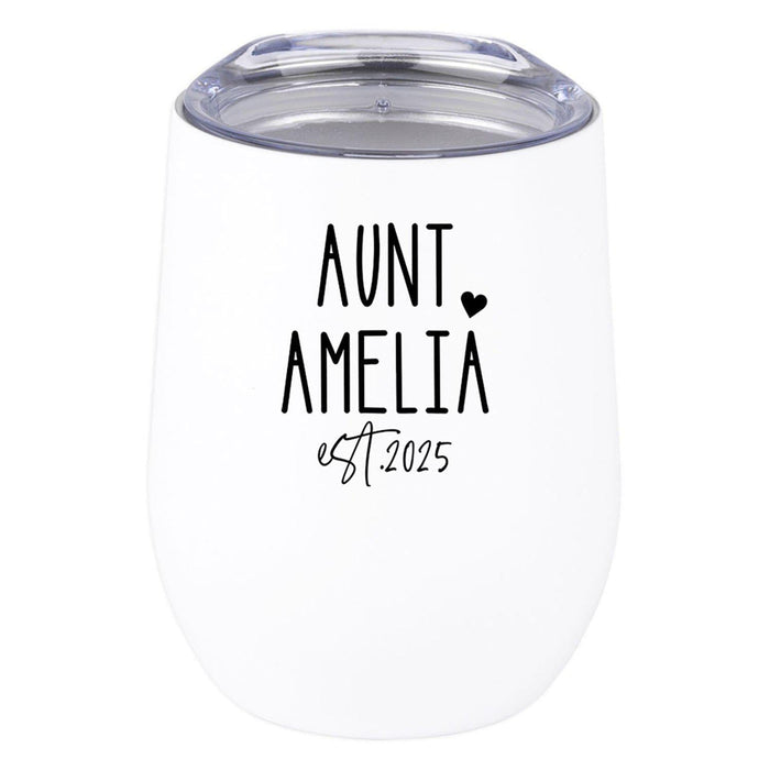 Custom Funny Aunt Wine Tumbler with Lid 12 Oz Stemless Stainless Steel Insulated-Set of 1-Andaz Press-Custom Aunt Est. Heart-