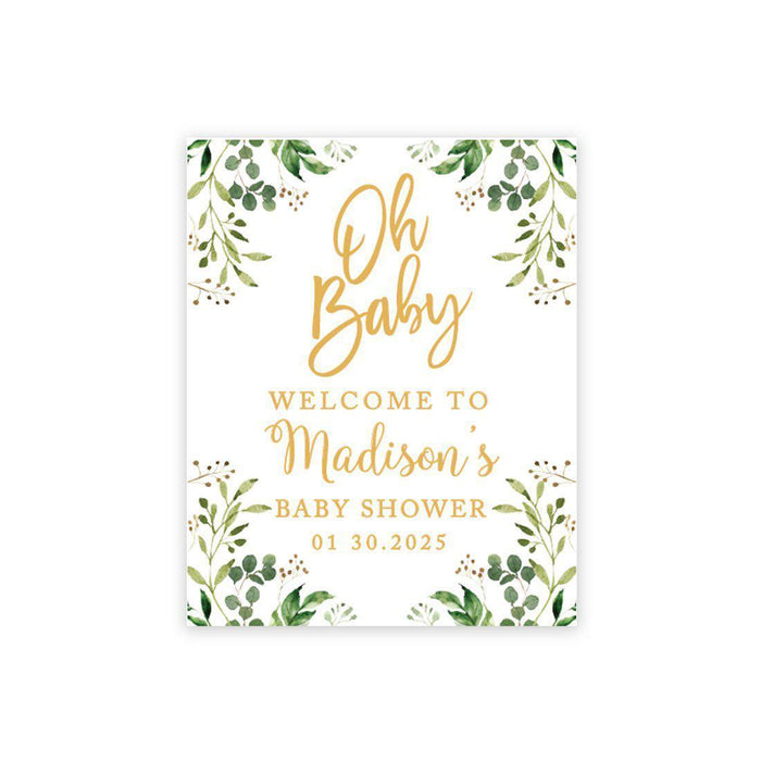 Custom Greenery Baby Shower Canvas Welcome Signs-Set of 1-Andaz Press-Gold and Greenery Leaf Foliage-