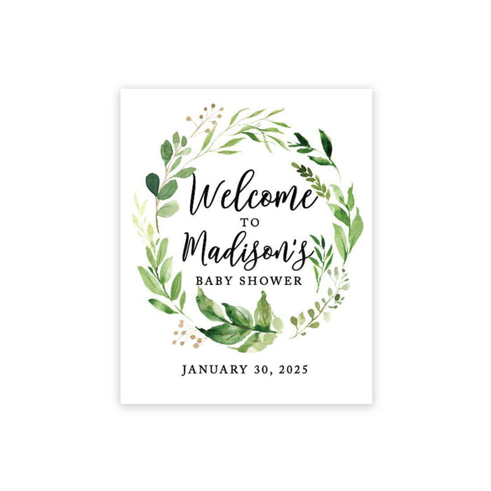Custom Greenery Baby Shower Canvas Welcome Signs-Set of 1-Andaz Press-Watercolor Leaf Foliage Wreath-