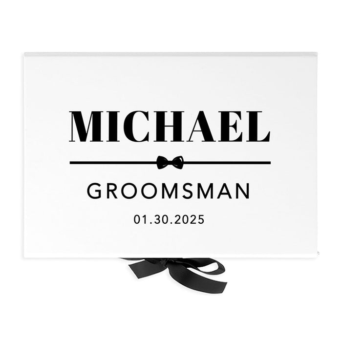 Custom Groom Gift Box - Gift Boxes with Lids, White Large Gift Box with Ribbon - 7 Designs Available-Set of 1-Andaz Press-Groomsman Name & Date-