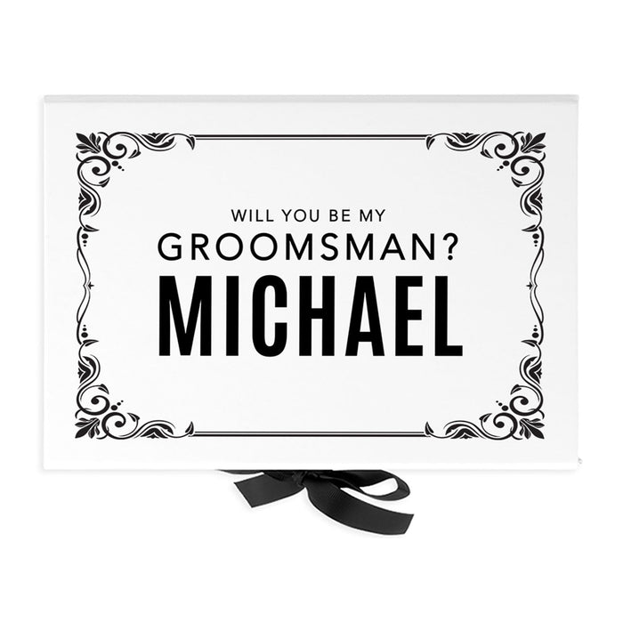 Custom Groom Gift Box - Gift Boxes with Lids, White Large Gift Box with Ribbon - 7 Designs Available-Set of 1-Andaz Press-Will You Be My Groomsman?-