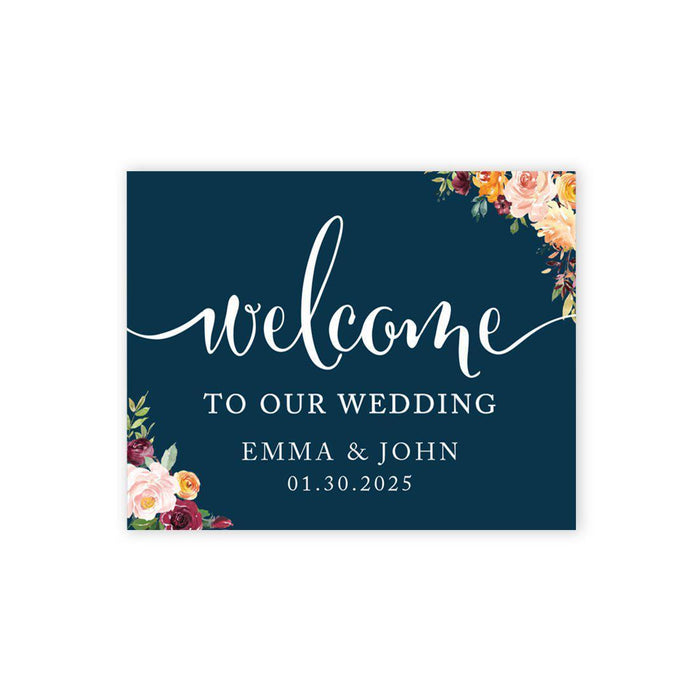 Custom Large Wedding Canvas Welcome Sign, Welcome Sign Guestbook Alternative For Wedding-Set of 1-Andaz Press-Navy Blue Burgundy Florals-