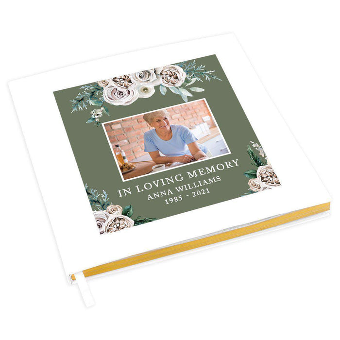 Custom Memorial Guestbook with Gold Accents, Custom Photo White Guest Sign In Registry, Scrapbook, Photo Album-Set of 1-Andaz Press-Ivory Peonies-