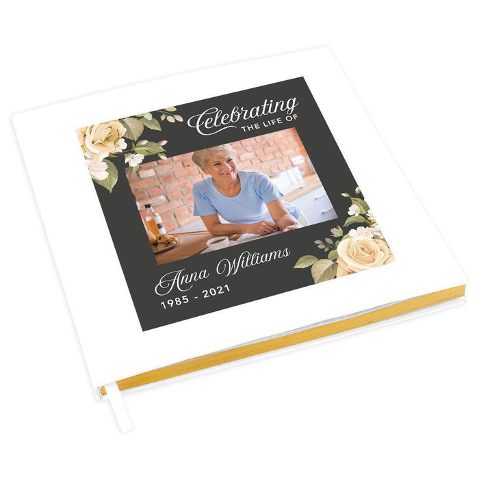 Custom Memorial Guestbook with Gold Accents, Custom Photo White Guest Sign In Registry, Scrapbook, Photo Album-Set of 1-Andaz Press-Ivory Roses-