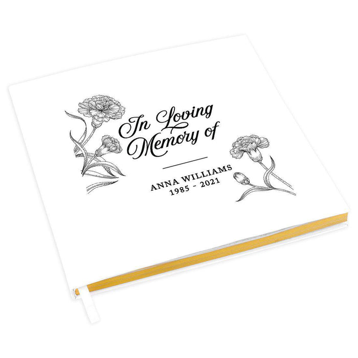 Custom Memorial Guestbook with Gold Accents, White Guest Sign in Registry, Scrapbook, Photo Album-Set of 1-Andaz Press-Line Carnation Flowers-