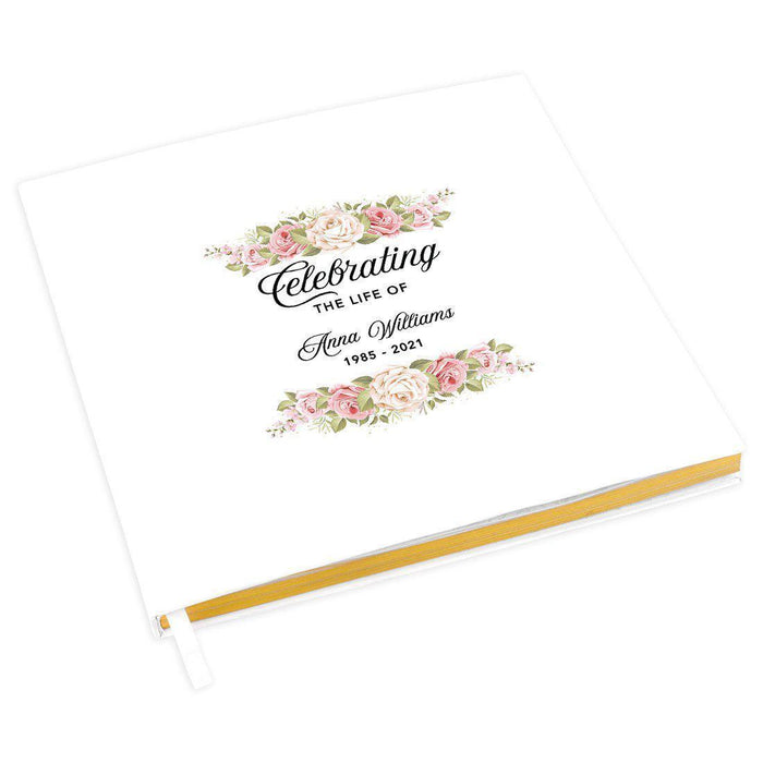 Custom Memorial Guestbook with Gold Accents, White Guest Sign in Registry, Scrapbook, Photo Album-Set of 1-Andaz Press-Pink and Ivory Florals-