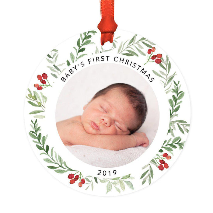 Custom Metal Christmas Ornament with Red and Green Berries, Leaves, and Our First Christmas-Set of 1-Andaz Press-Baby's First Christmas-