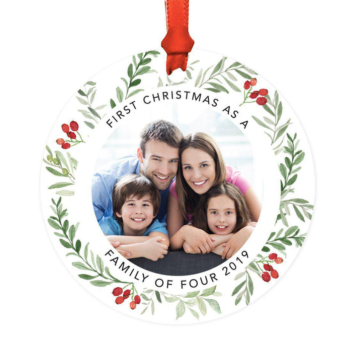 Custom Metal Christmas Ornament with Red and Green Berries, Leaves, and Our First Christmas-Set of 1-Andaz Press-Family of Four-