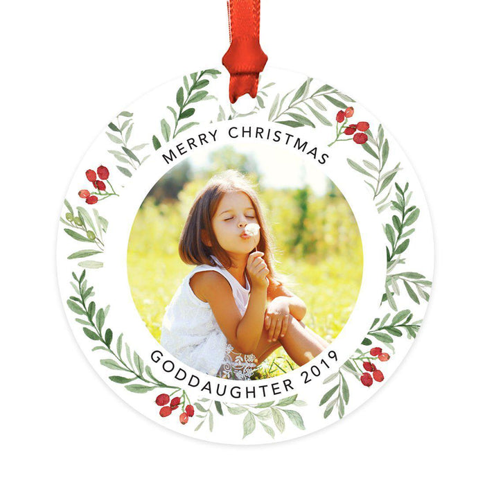 Custom Metal Christmas Ornament with Red and Green Berries, Leaves, and Our First Christmas-Set of 1-Andaz Press-Goddaughter-