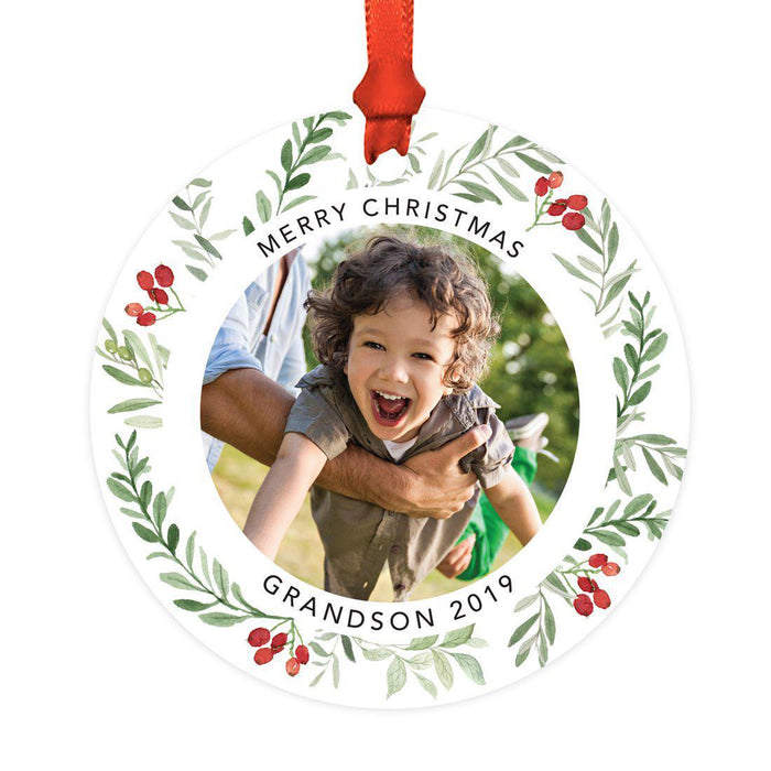 Custom Metal Christmas Ornament with Red and Green Berries, Leaves, and Our First Christmas-Set of 1-Andaz Press-Grandson-