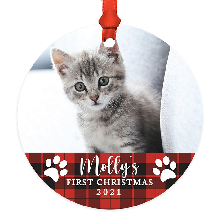 Custom My First Christmas Cat Photo Ornament 20XX, 3.5" Round Metal Ornament, for Cat Lovers-Set of 1-Andaz Press-Buffalo Plaid First Christmas-