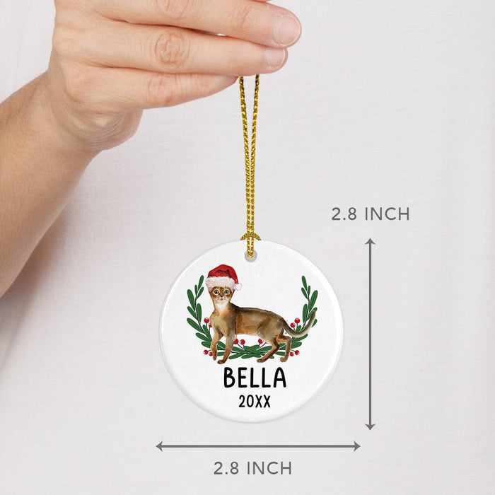 Custom Name Cat Ornament 20xx Round Porcelain Cat with Holly Wreath for Cat Lovers-Set of 1-Andaz Press-Abysinnian with Holly Wreath-