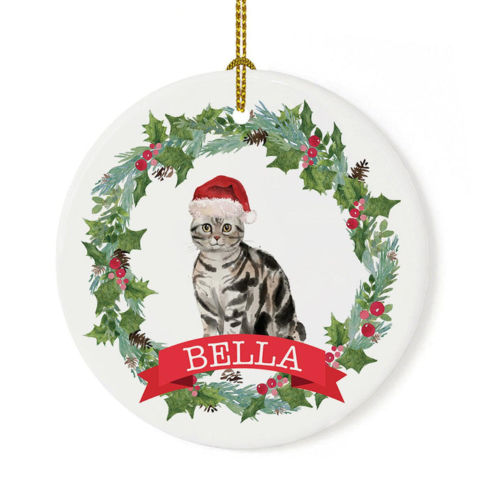 Custom Name Cat Ornament 20xx Round Porcelain Cat with Holly Wreath for Cat Lovers-Set of 1-Andaz Press-American Shorthair Silver-