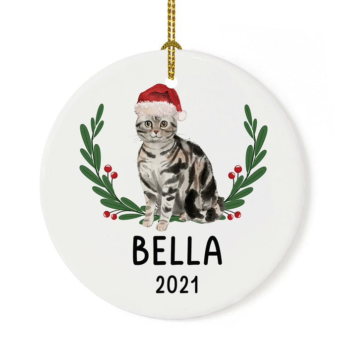 Custom Name Cat Ornament 20xx Round Porcelain Cat with Holly Wreath for Cat Lovers-Set of 1-Andaz Press-American Shorthair Silver with Holly Wreath-