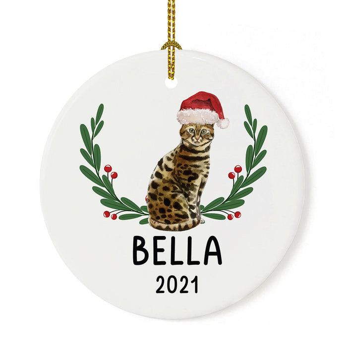 Custom Name Cat Ornament 20xx Round Porcelain Cat with Holly Wreath for Cat Lovers-Set of 1-Andaz Press-Bengal with Holly Wreath-