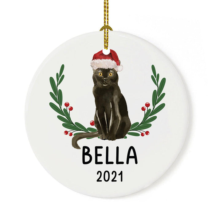 Custom Name Cat Ornament 20xx Round Porcelain Cat with Holly Wreath for Cat Lovers-Set of 1-Andaz Press-Bombay with Holly Wreath-