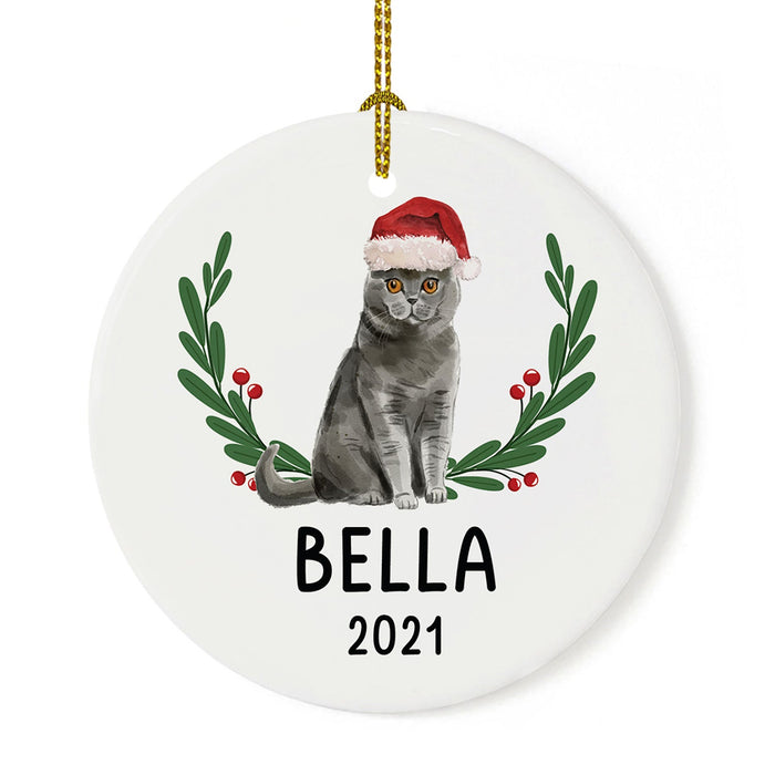Custom Name Cat Ornament 20xx Round Porcelain Cat with Holly Wreath for Cat Lovers-Set of 1-Andaz Press-British Shorthair with Holly Wreath-