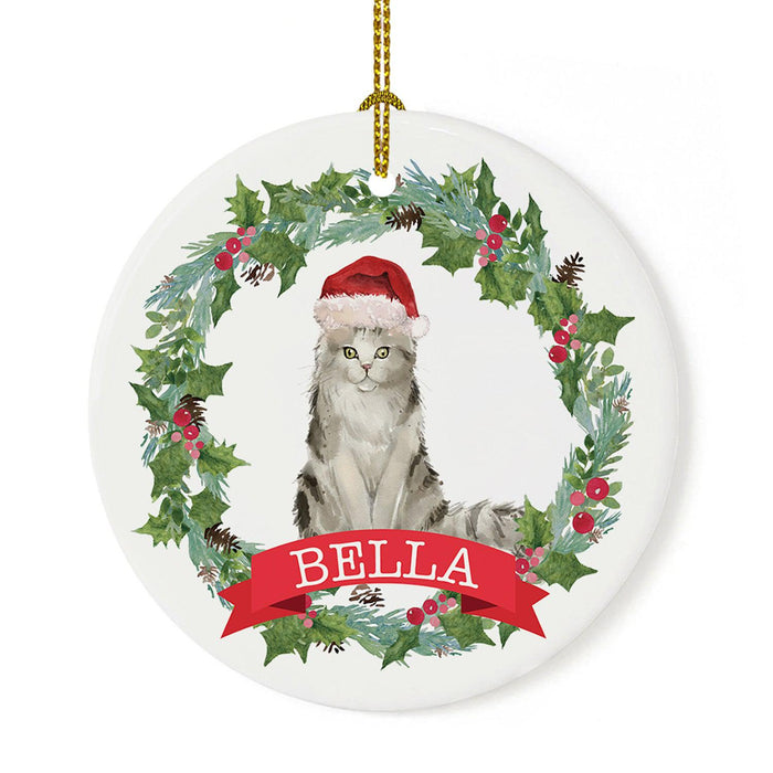 Custom Name Cat Ornament 20xx Round Porcelain Cat with Holly Wreath for Cat Lovers-Set of 1-Andaz Press-Ragamuffin-