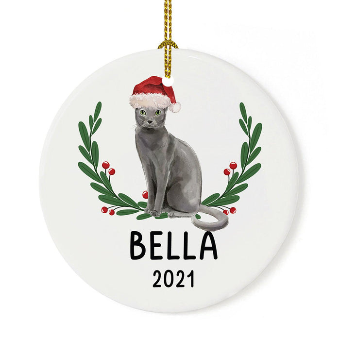 Custom Name Cat Ornament 20xx Round Porcelain Cat with Holly Wreath for Cat Lovers-Set of 1-Andaz Press-Russian Blue with Holly Wreath-