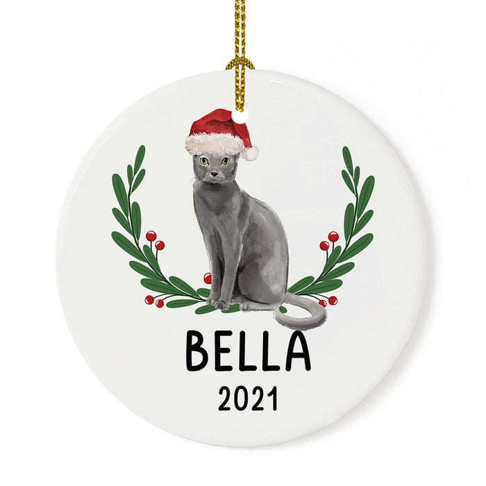 Custom Name Cat Ornament 20xx Round Porcelain Cat with Holly Wreath for Cat Lovers-Set of 1-Andaz Press-Russian Blue with Holly Wreath-