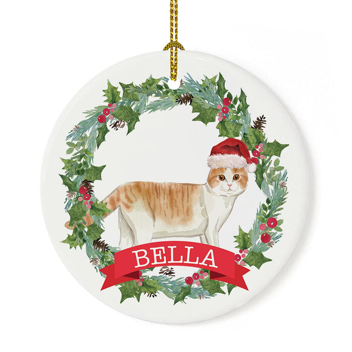 Custom Name Cat Ornament 20xx Round Porcelain Cat with Holly Wreath for Cat Lovers-Set of 1-Andaz Press-Scottish Fold-