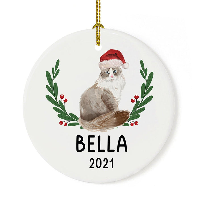 Custom Name Cat Ornament 20xx Round Porcelain Cat with Holly Wreath for Cat Lovers-Set of 1-Andaz Press-Siberian with Holly Wreath-