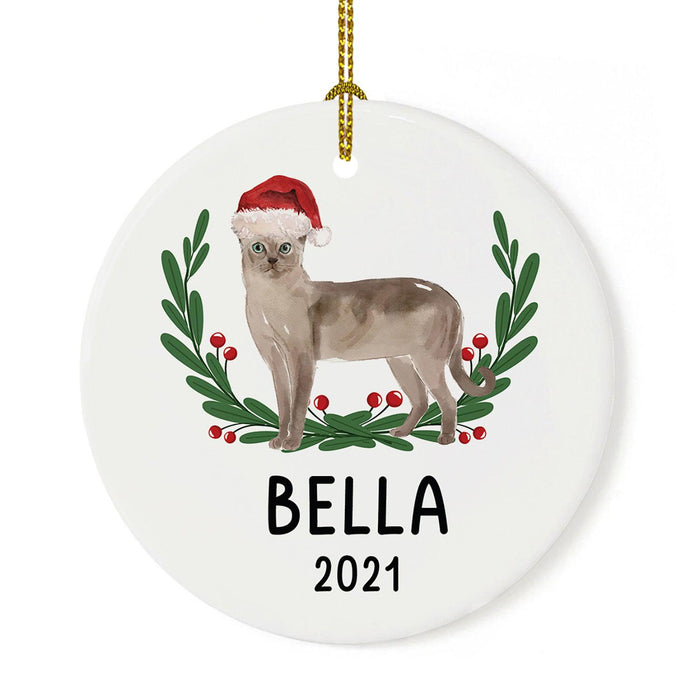 Custom Name Cat Ornament 20xx Round Porcelain Cat with Holly Wreath for Cat Lovers-Set of 1-Andaz Press-Tonkinese with Holly Wreath-
