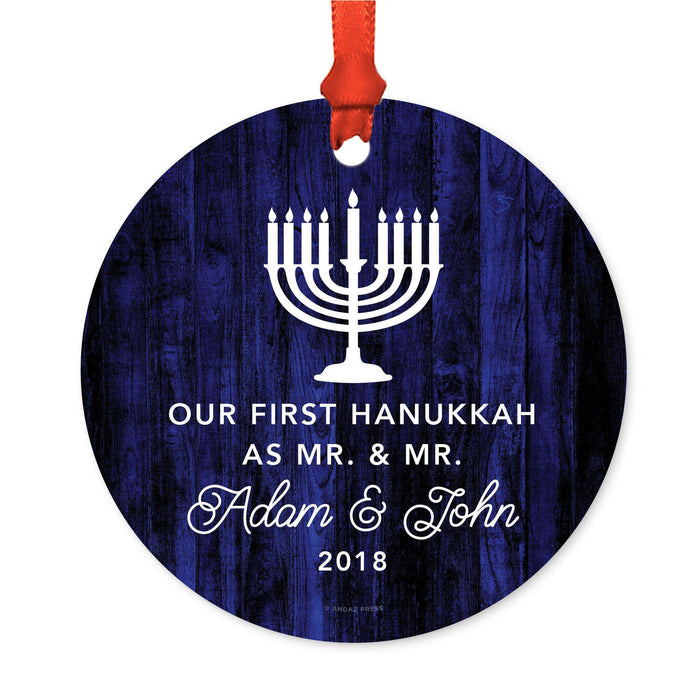 Custom Name Hanukkah Metal Ornament, Our First Hanukkah, Includes Ribbon and Gift Bag-Set of 1-Andaz Press-Mr. & Mr Custom-