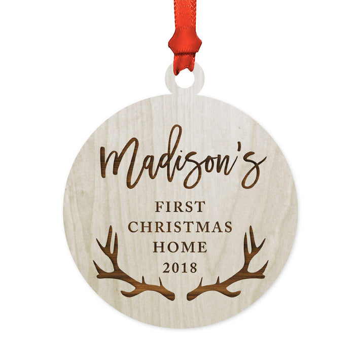Custom Name Laser Engraved Wood Christmas Ornament, Deer Antlers-Set of 1-Andaz Press-Baby Adoption Family-