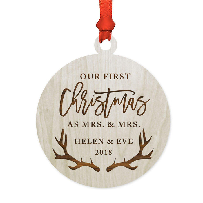 Custom Name Laser Engraved Wood Christmas Ornament, Deer Antlers-Set of 1-Andaz Press-Mrs. & Mrs-