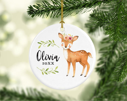 Custom Name Round Ceramic Christmas Ornament, Baby Keepsake Collectible Gift, Woodland Deer Laurels Florals-Set of 1-Andaz Press-Custom Name-