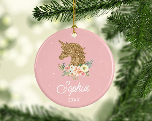 Custom Name Round Ceramic Porcelain Christmas Tree Ornament, Faux Gold Glitter Unicorn Flowers-Set of 1-Andaz Press-Custom Name-