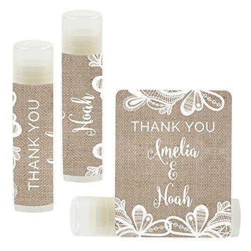 Custom Name Wedding Party Lip Balm Party Favors, Thank You, Bride & Groom-Set of 12-Andaz Press-Burlap Lace-