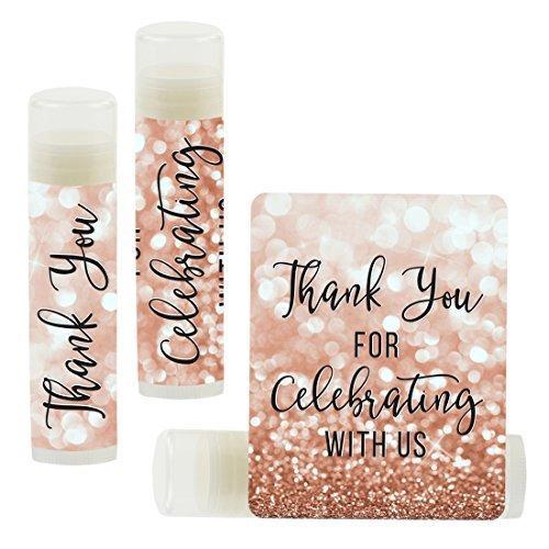 Custom Name Wedding Party Lip Balm Party Favors, Thank You, Bride & Groom-Set of 12-Andaz Press-Faux Rose Gold Glitter Shimmer-