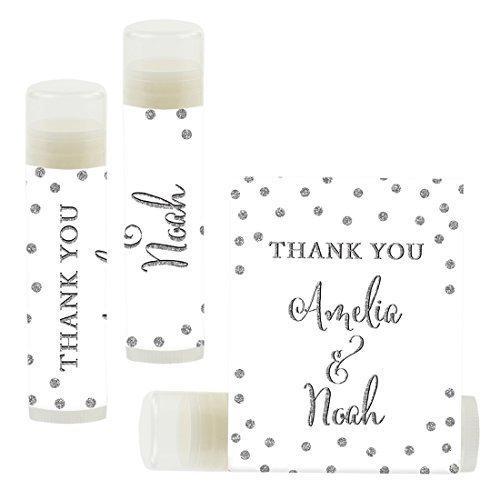 Custom Name Wedding Party Lip Balm Party Favors, Thank You, Bride & Groom-Set of 12-Andaz Press-Faux Silver Glitter Print-