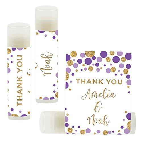 Custom Name Wedding Party Lip Balm Party Favors, Thank You, Bride & Groom-Set of 12-Andaz Press-Lavender Purple Faux Gold Glitter Confetti Dots-