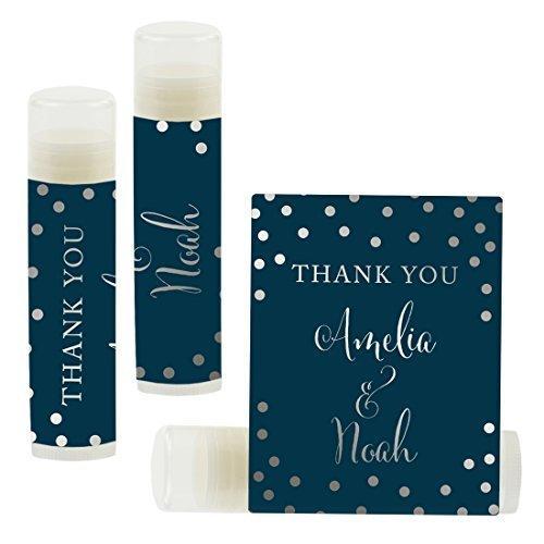 Custom Name Wedding Party Lip Balm Party Favors, Thank You, Bride & Groom-Set of 12-Andaz Press-Metallic Silver Ink on Navy Blue-
