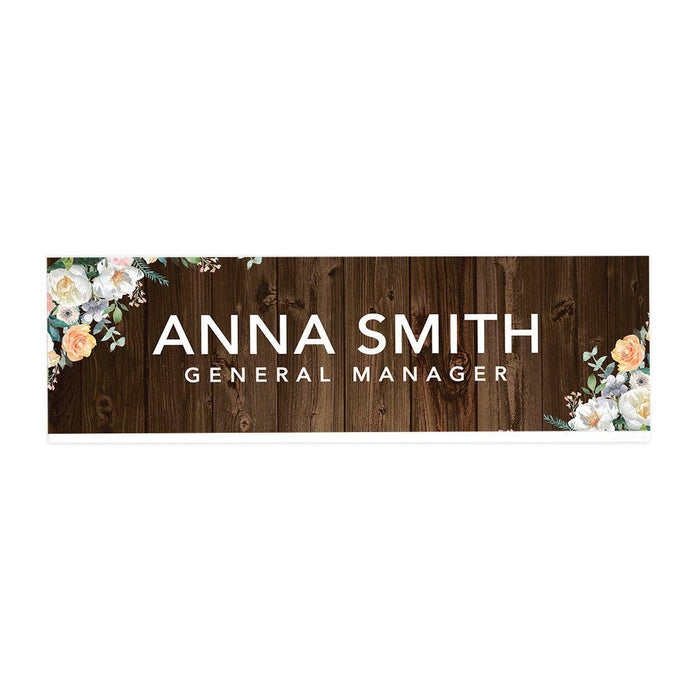 Custom Office Desk Name Plate, Personalized Acrylic Custom Name Title Plate for Home Design 1-Set of 1-Andaz Press-Rustic Wood with Florals-