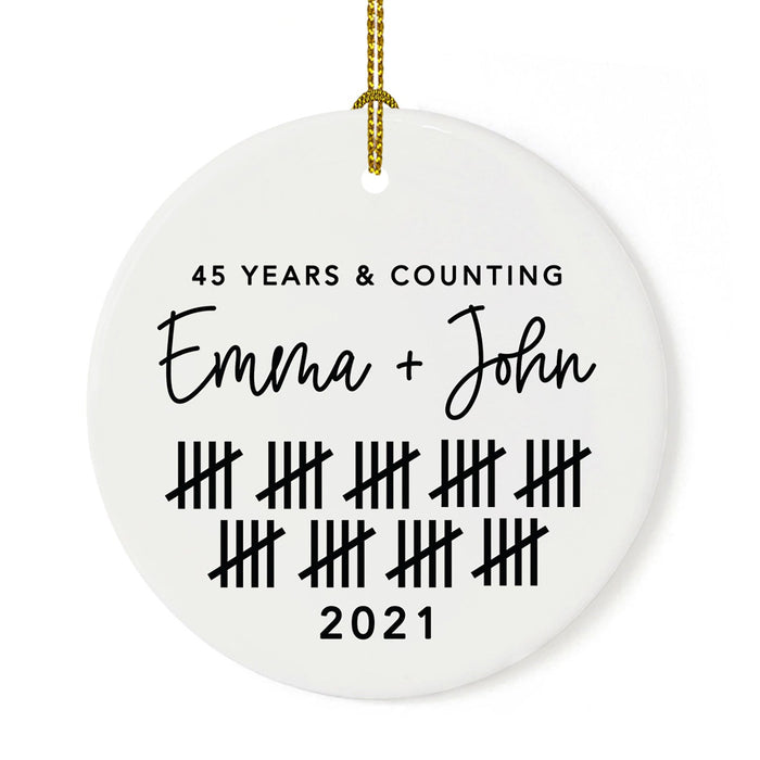 Custom Our 1st Wedding Anniversary 20XX Christmas Ornaments Round Porcelain-Set of 1-Andaz Press-45 Years & Counting-