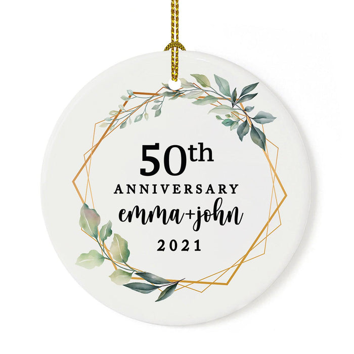Custom Our 1st Wedding Anniversary 20XX Christmas Ornaments Round Porcelain-Set of 1-Andaz Press-50th Geometric Greenery-