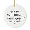 Custom Our 1st Wedding Anniversary 20XX Christmas Ornaments Round Porcelain-Set of 1-Andaz Press-Modern Black and White-