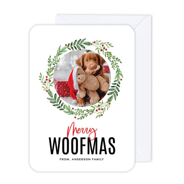 Custom Pet Holiday Christmas Cards with Envelopes, Holiday Photo Greeting Cards-Set of 24-Andaz Press-Merry Woofmas Wreath-