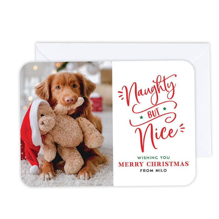 Custom Pet Holiday Christmas Cards with Envelopes, Holiday Photo Greeting Cards-Set of 24-Andaz Press-Naughty But Nice-