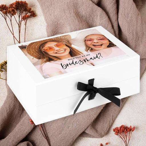 Custom Photo Bridesmaid Proposal Box - Gift Boxes with Lids, White Large Gift Box with Ribbon-Set of 1-Andaz Press-Will You Be MY Bridesmaid?-