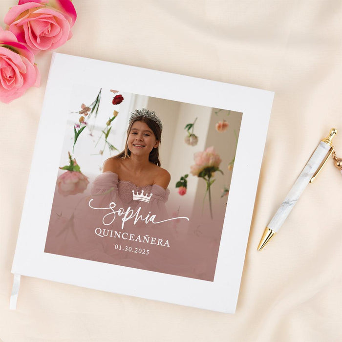 Custom Photo Quinceañera Guestbook with Gold Accents, Photo Album for Sweet 15, Set of 1-Set of 1-Andaz Press-Custom Photo with Gold Crown-