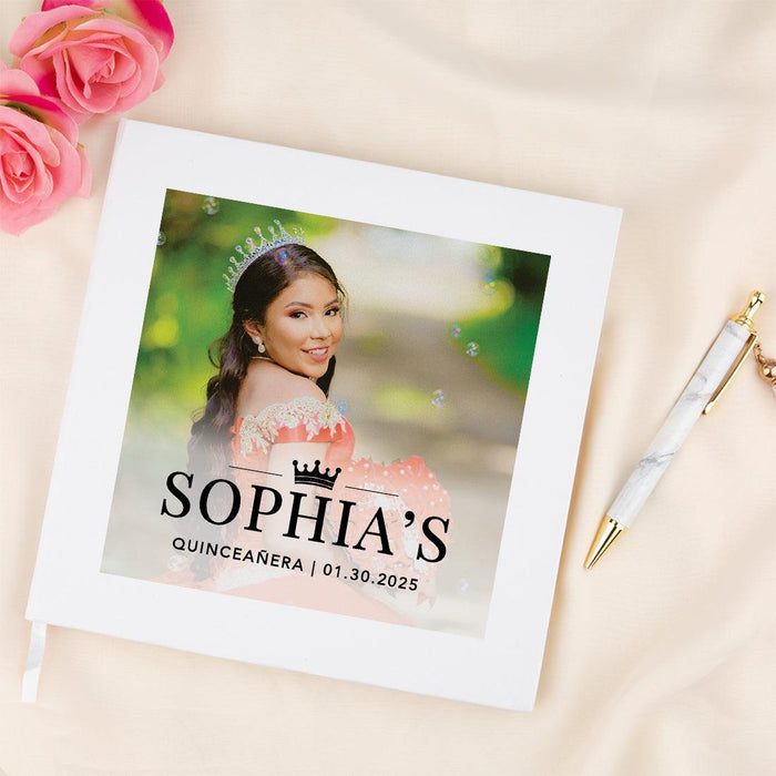 Custom Photo Quinceañera Guestbook with Gold Accents, Photo Album for Sweet 15, Set of 1-Set of 1-Andaz Press-Custom Photo with Gold Crown-