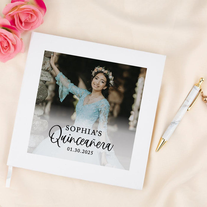 Custom Photo Quinceañera Guestbook with Gold Accents, Photo Album for Sweet 15, Set of 1-Set of 1-Andaz Press-Custom Photo with Gold Crown-