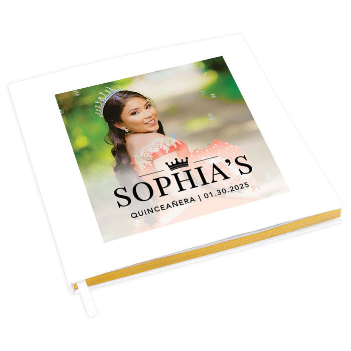 Custom Photo Quinceañera Guestbook with Gold Accents, Photo Album for Sweet 15, Set of 1-Set of 1-Andaz Press-Modern Font with Black Crown-