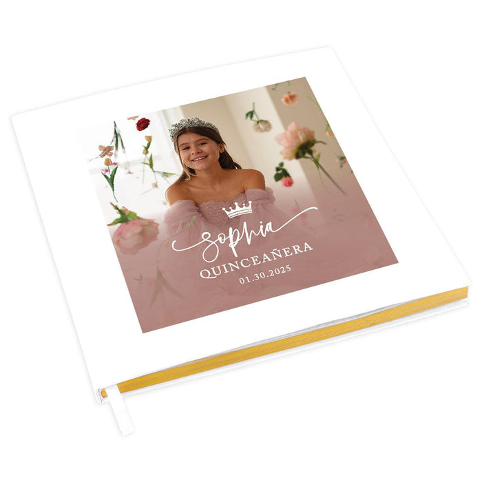 Custom Photo Quinceañera Guestbook with Gold Accents, Photo Album for Sweet 15, Set of 1-Set of 1-Andaz Press-White Script Font-