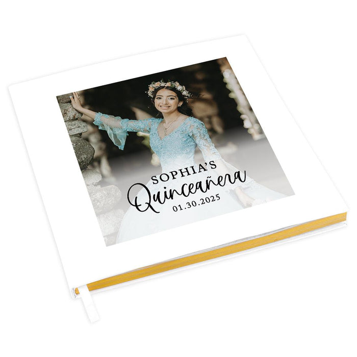 Custom Photo Quinceañera Guestbook with Gold Accents, Photo Album for Sweet 15, Set of 1-Set of 1-Andaz Press-White with Black Font-